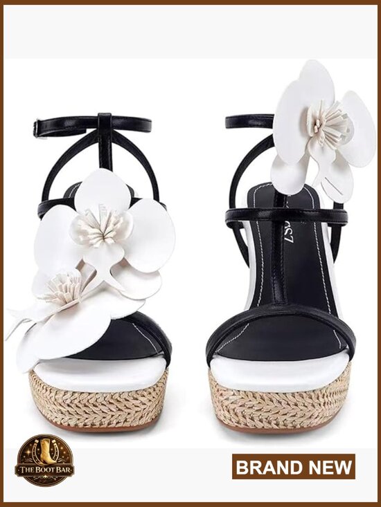 Shoes - Floral Wedge Sandals with Ankle Strap, 3.94 Inch Heel, Dressy Wedding Shoes